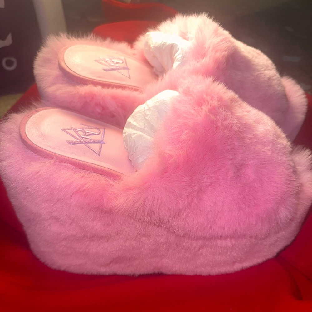 YRU pink furry platform wedge slides